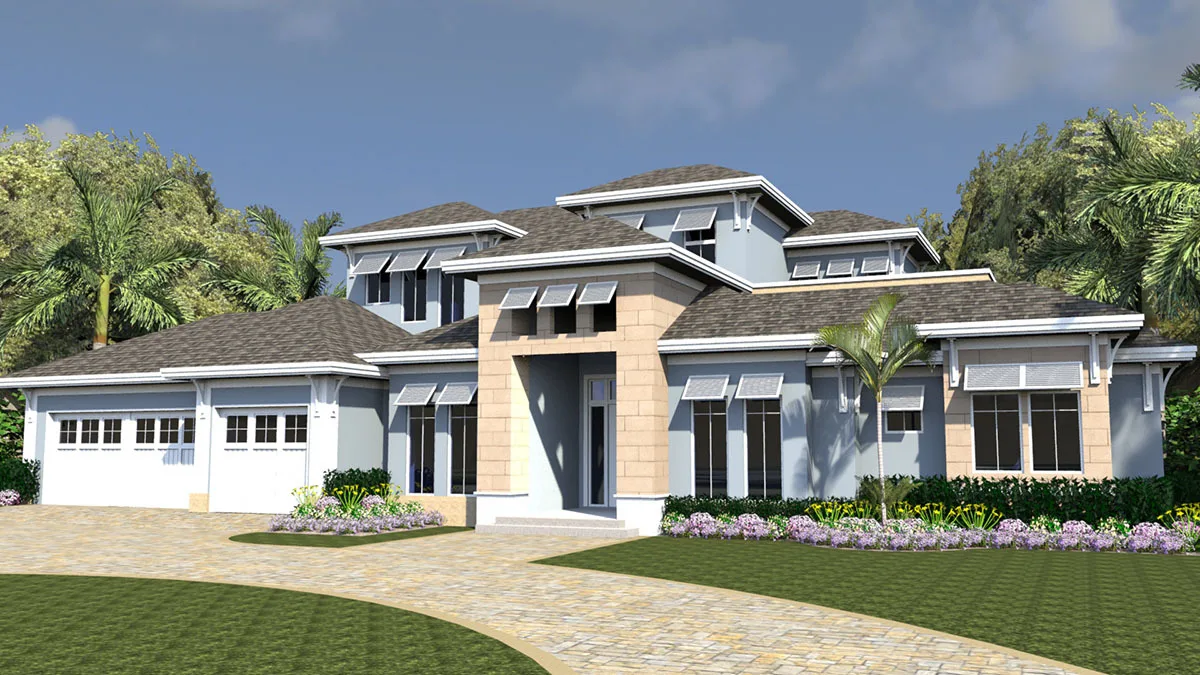 The front garage area and the house's façade with tremendous curb appeal.