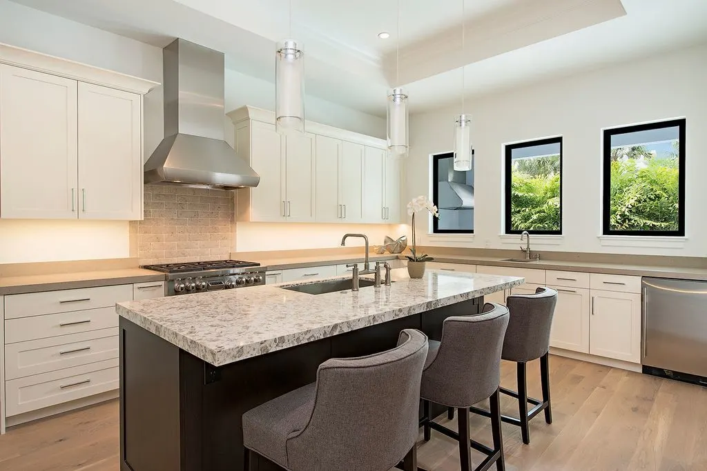 The kitchen has a beige design décor with a lively tone.
