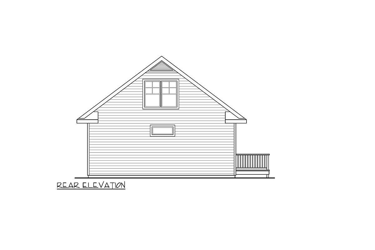 The rear elevation of the single-story, two-bedroom rustic vacation cabin is sketched.