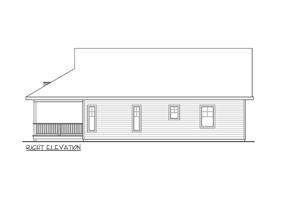 The right elevation of the single-story, two-bedroom rustic vacation cabin is sketched.