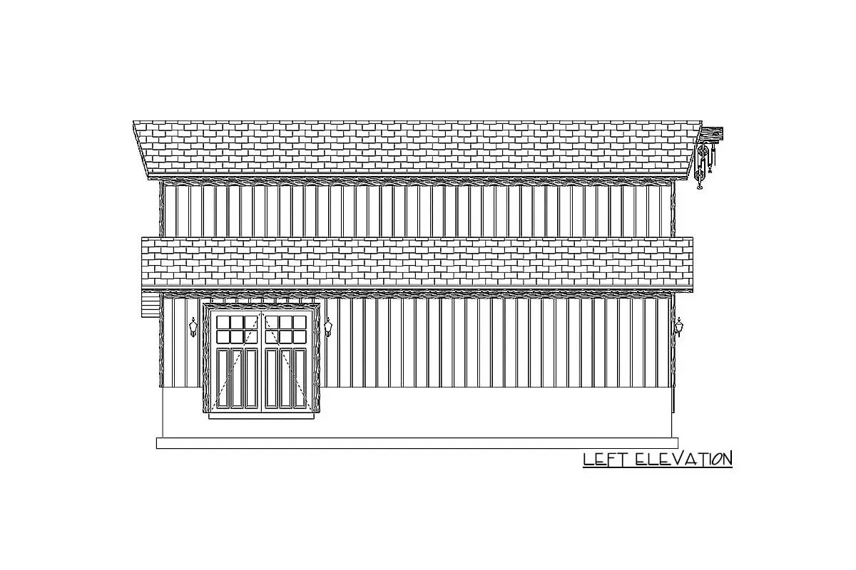 Drawing shows the two-story, one-bedroom barndominium's left elevation.
