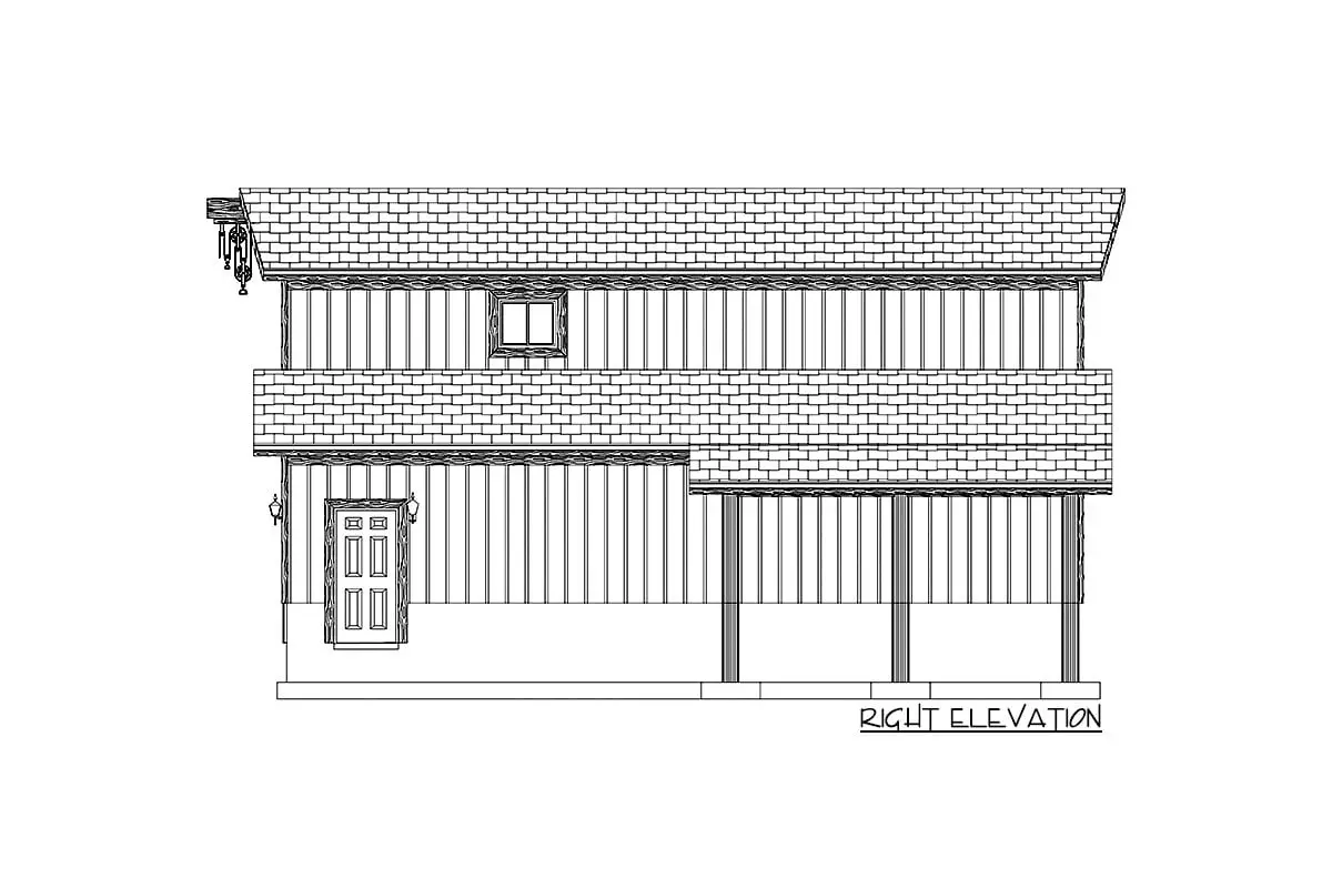 Drawing shows the two-story, one-bedroom barndominium's right elevation.