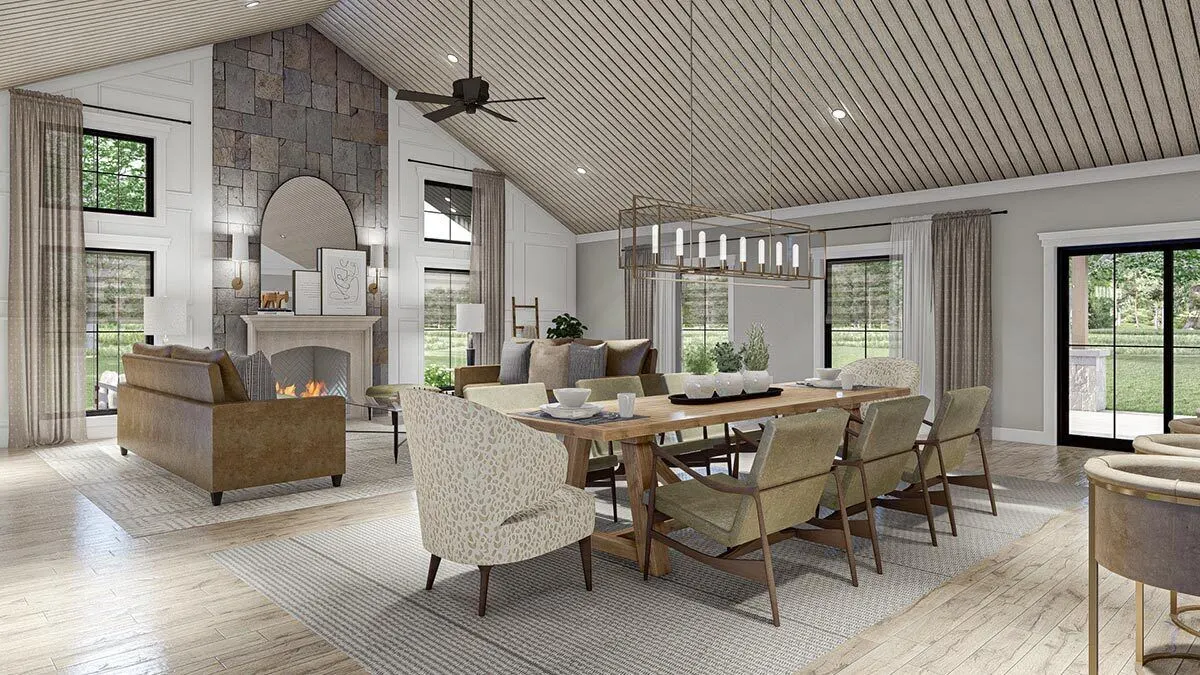 Long dining table style with linear chandelier design.