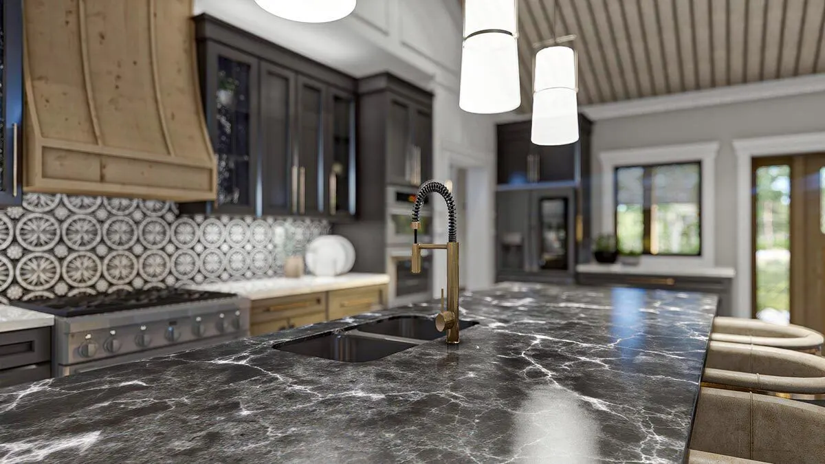 A sleek design kitchen island with a dark tone faucet fits perfectly.