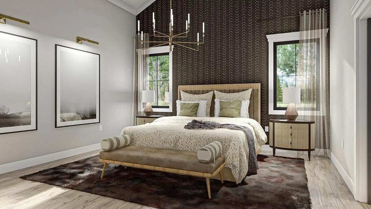The master bedroom has a high ceiling, wide glass windows, and exquisite furnishings.