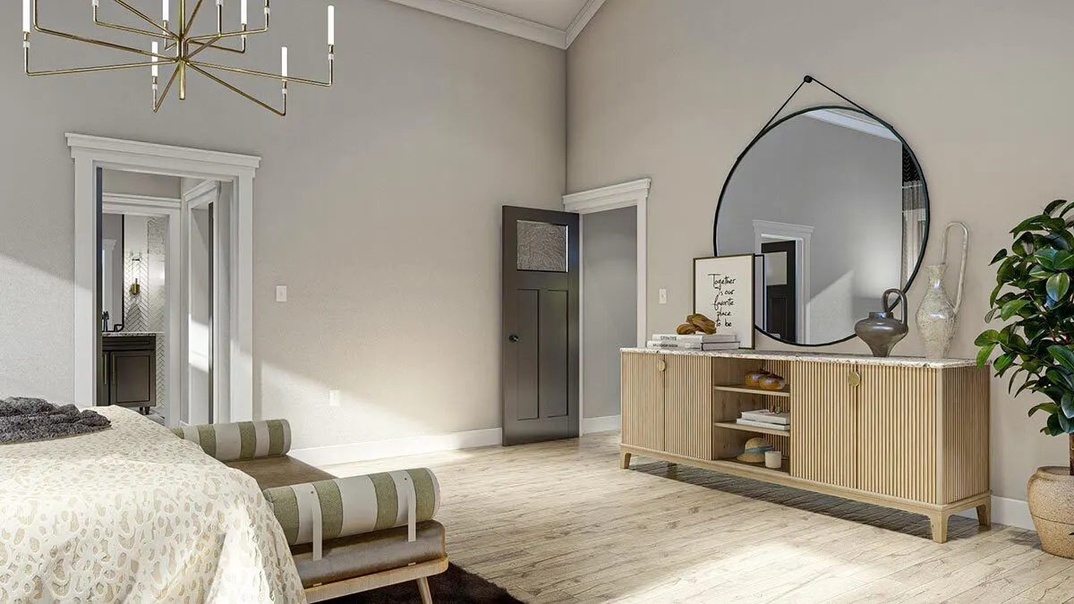 Bedroom design in a minimalist style, with a cabinet and a large round mirror in a black frame.