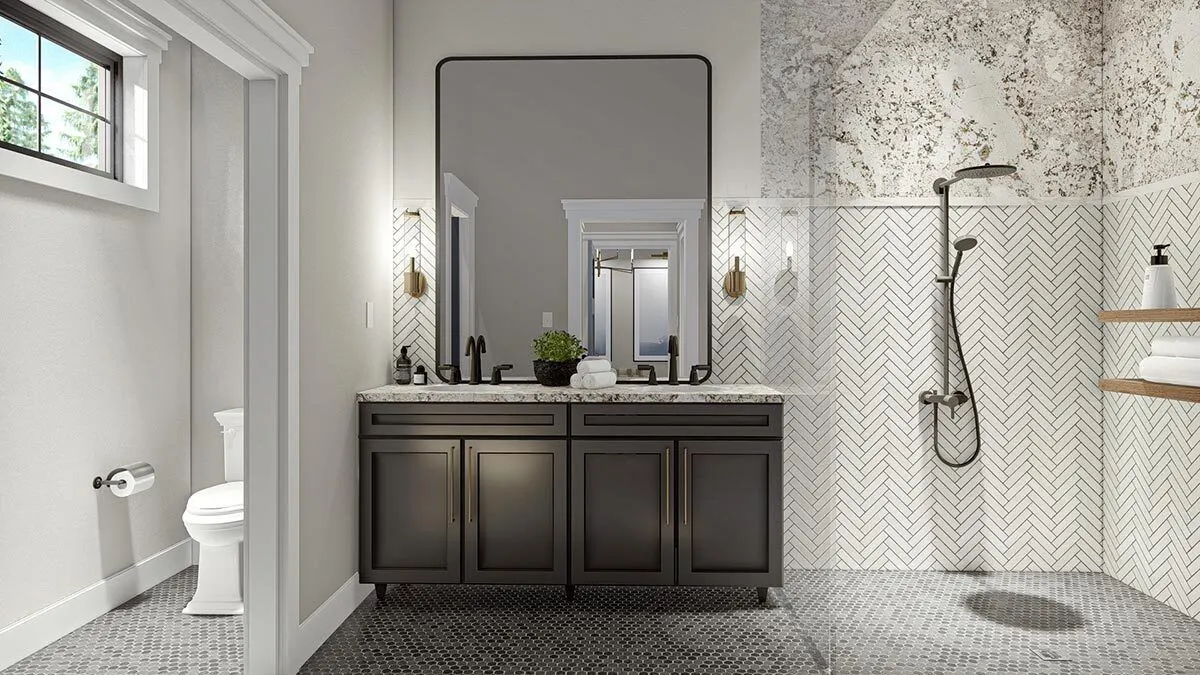 Wonderful design for the bathroom area in black-gray style interior color.