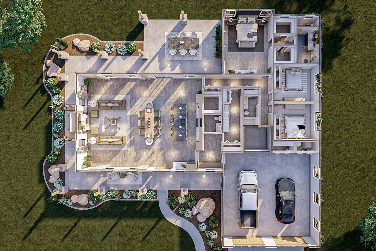 The barndominium's top floor layout has an appealing appearance.
