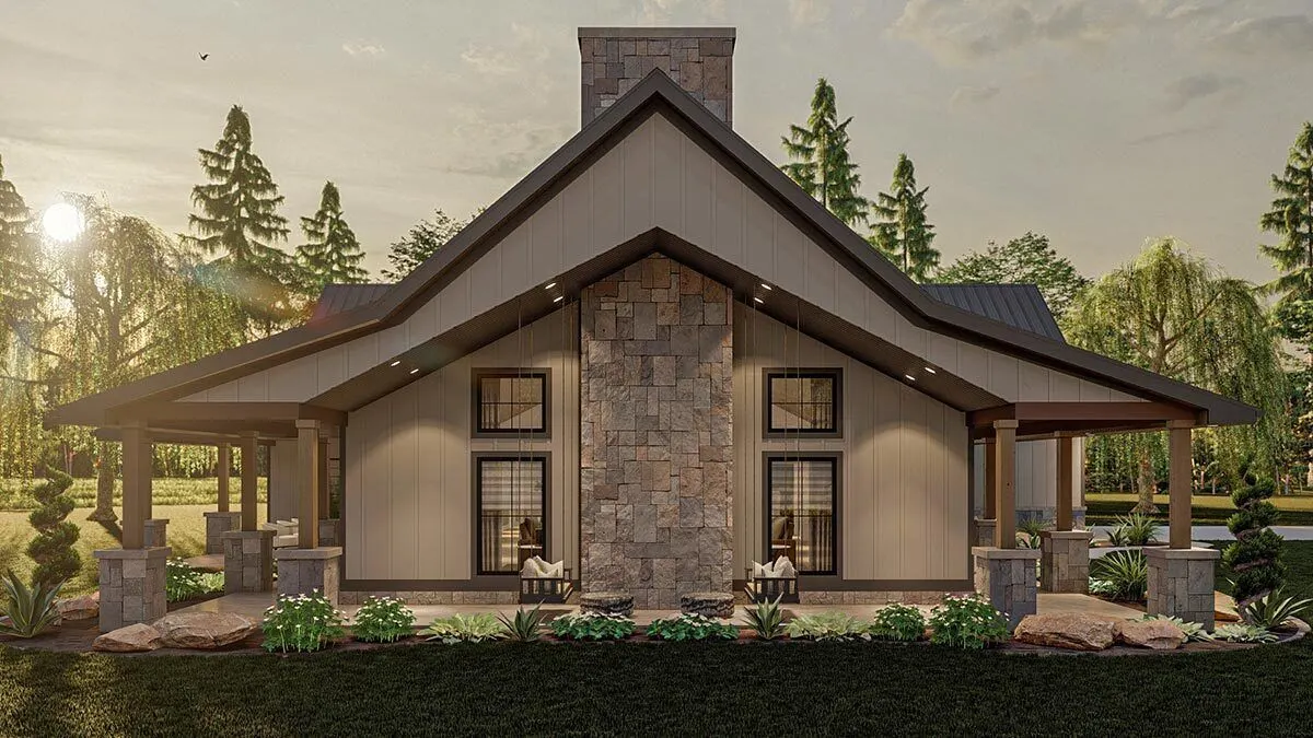 A patio area's symmetrical facade including a chimney with a stone base.