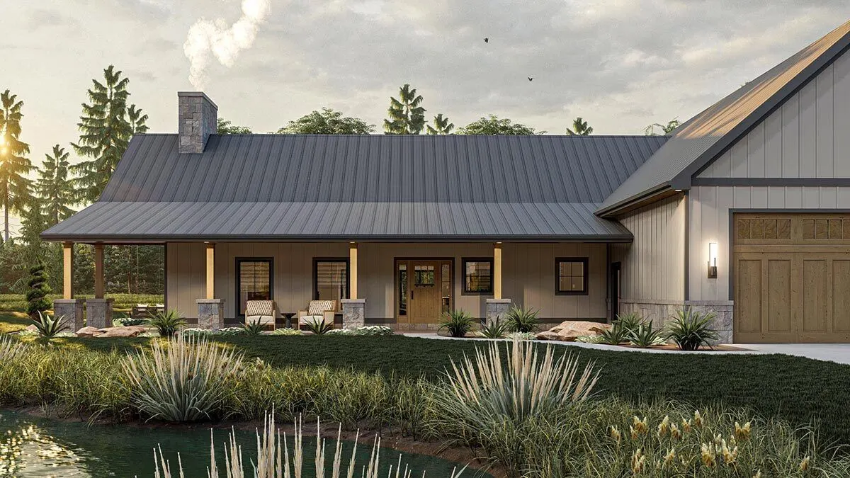 View from a distance of the house showing the calm space of the front patio area.