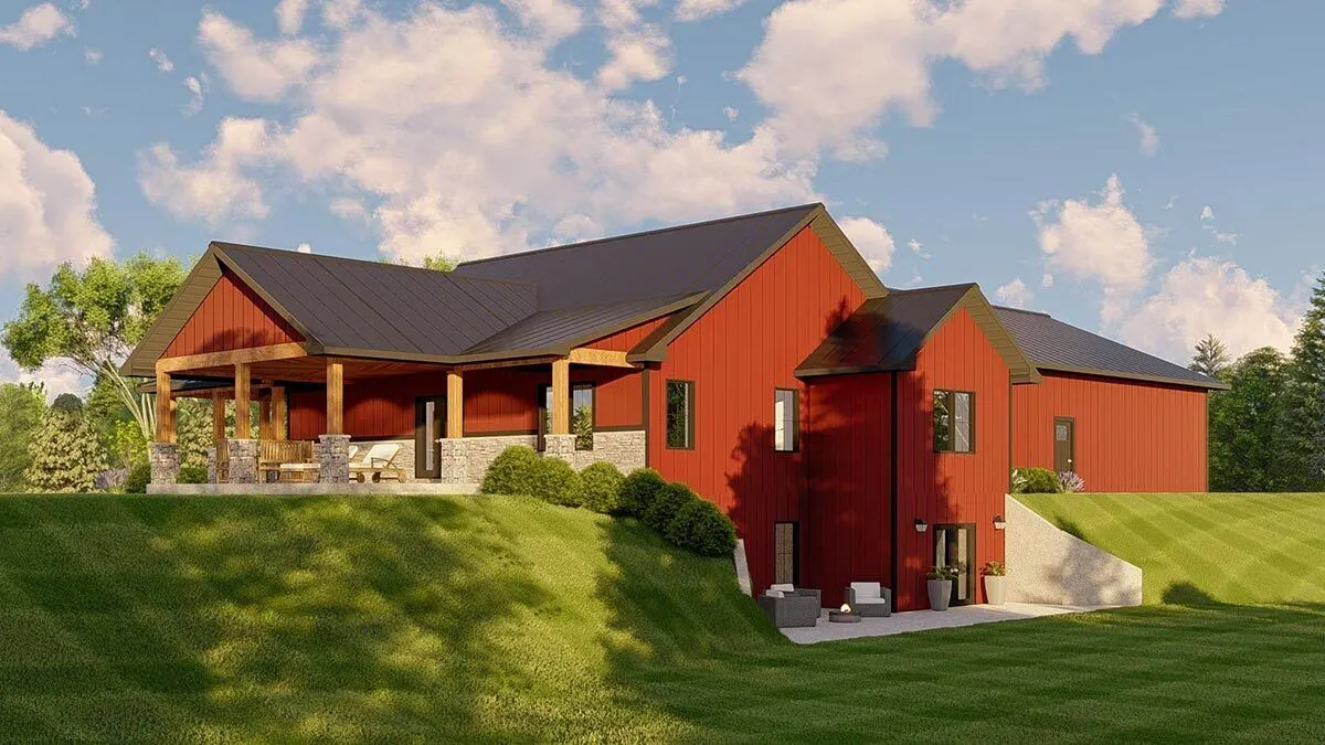 The home is built on a sloping plot of ground at the back.
