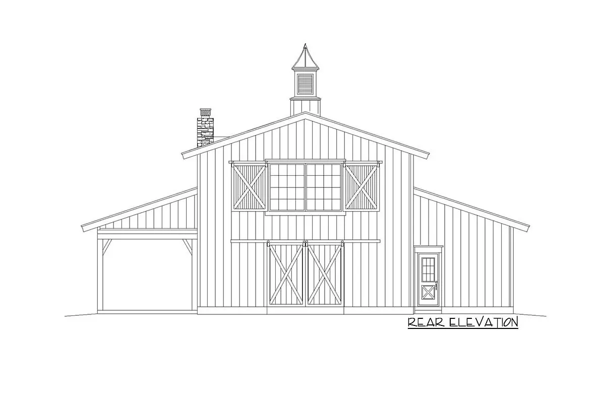 Rear elevation sketch of the 2-story 2-bedroom barndominium home.