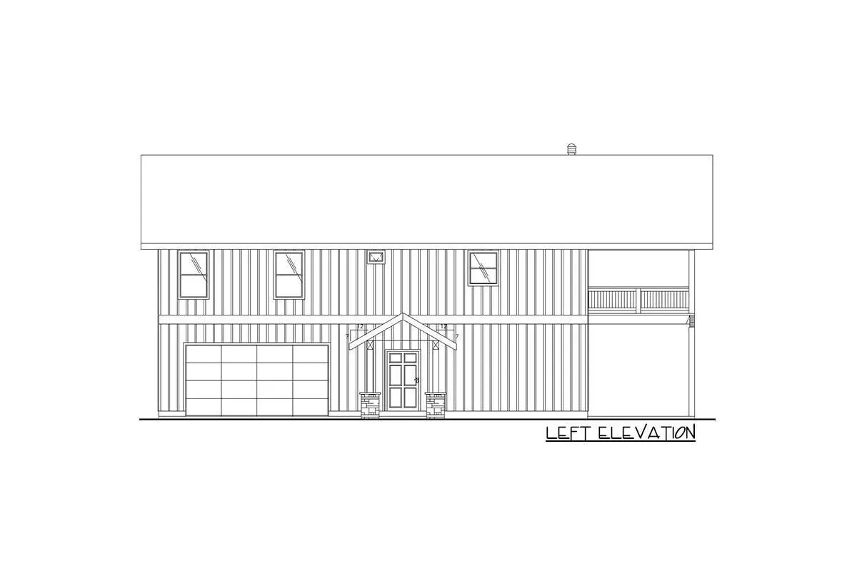 Sketch of the two-story, three-bedroom, 2400 square foot shop barndominium home's left elevation.
