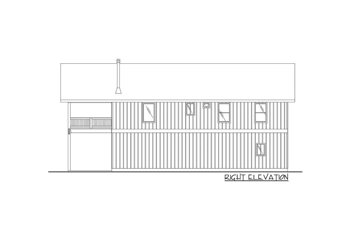Sketch of the two-story, three-bedroom, 2400 square foot shop barndominium home's right elevation.