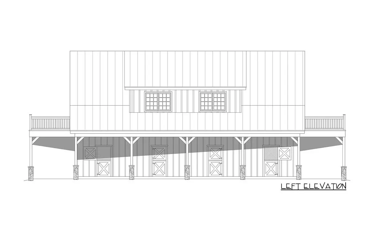 Two-story, three-bedroom barndominium house left elevation drawing.