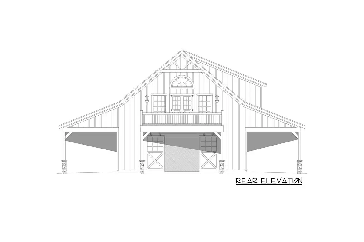 Two-story, three-bedroom barndominium house rear elevation drawing.