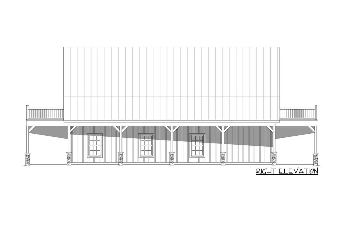 Two-story, three-bedroom barndominium house right elevation drawing.