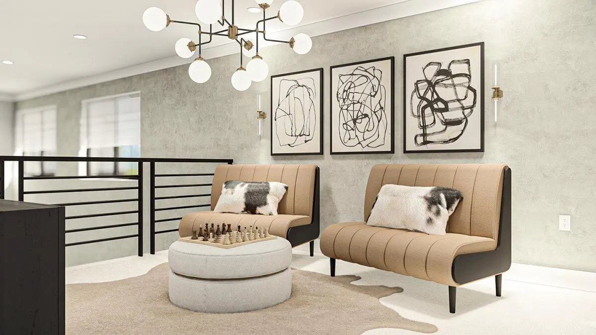 Loft area with light brown seats and a chess game.