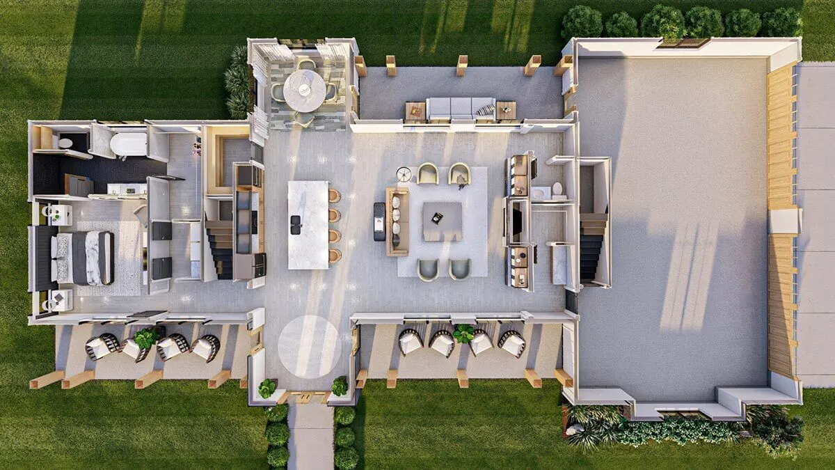 The house's top perspective includes the large garage space.