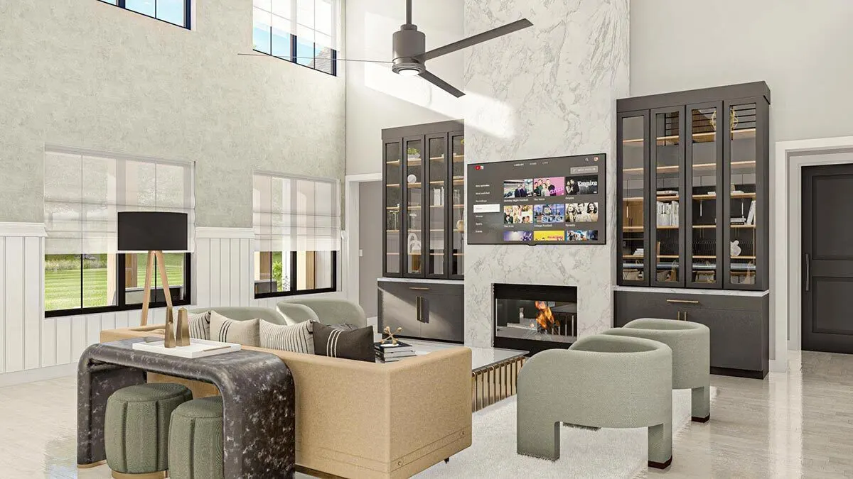 A fireplace and a contemporary gray accent living room space.
