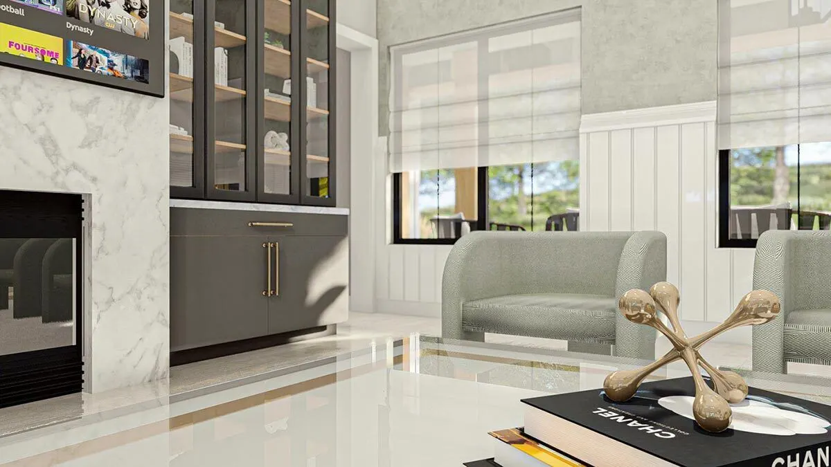 Window blinds complement the room's vibrant interior décor.