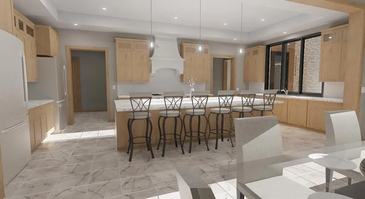 Interior wood accent kitchen with a clean island design.