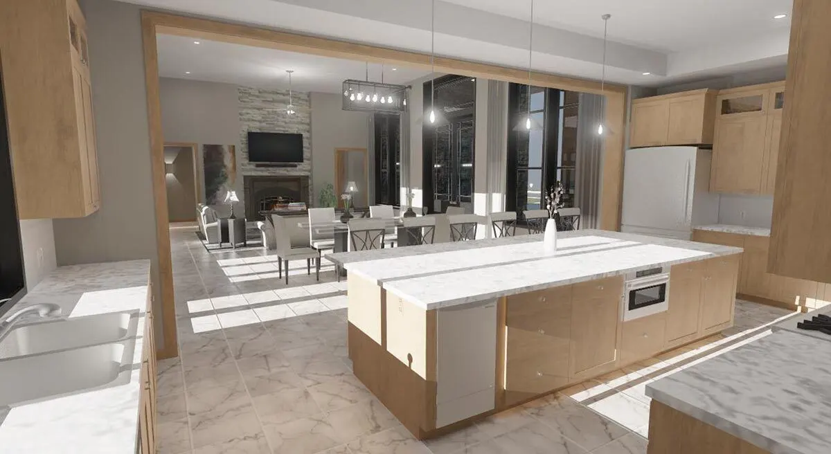 View of the interior from the kitchen with shining pendant chandeliers.