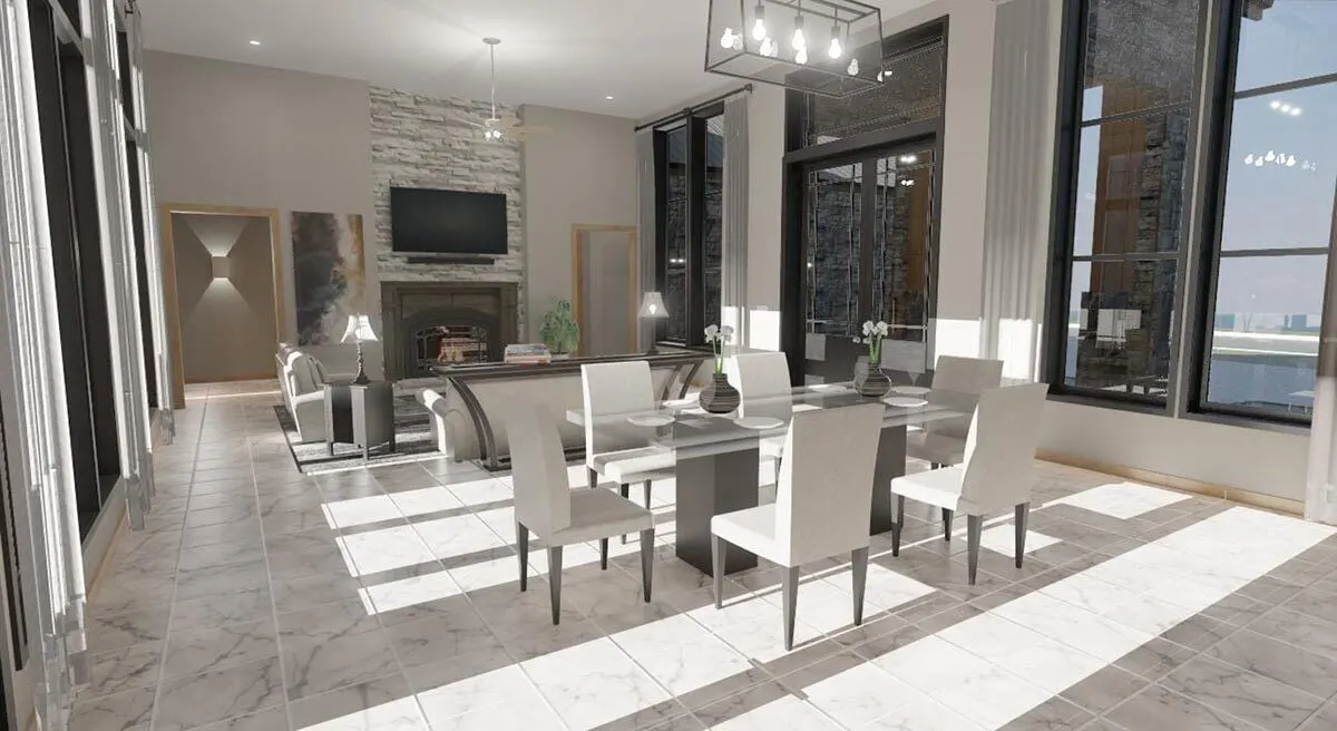 The glass-framed eating table is in a contemporary-style dining area.