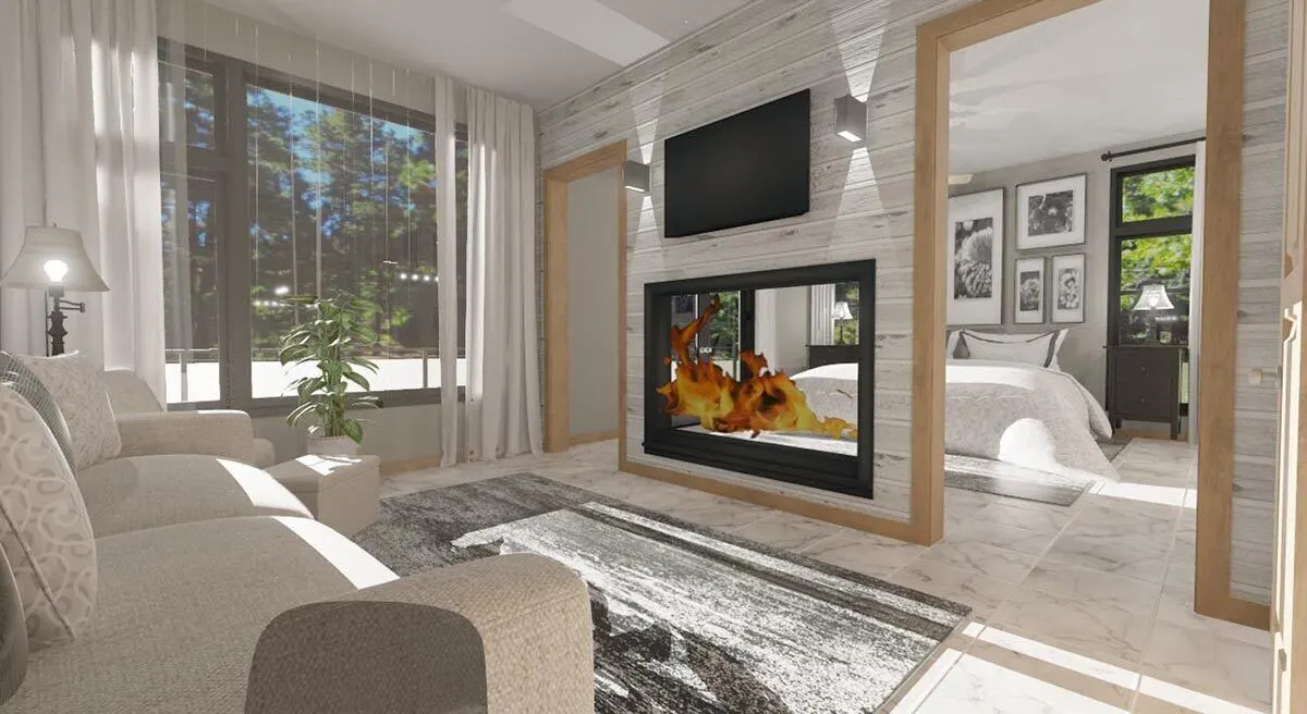 Sitting room with television and fireplace overlooking the master suite.