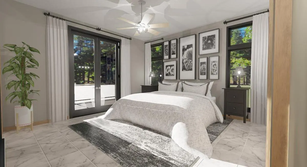 The master bedroom has gray trim doors and windows and a stunning art wall.