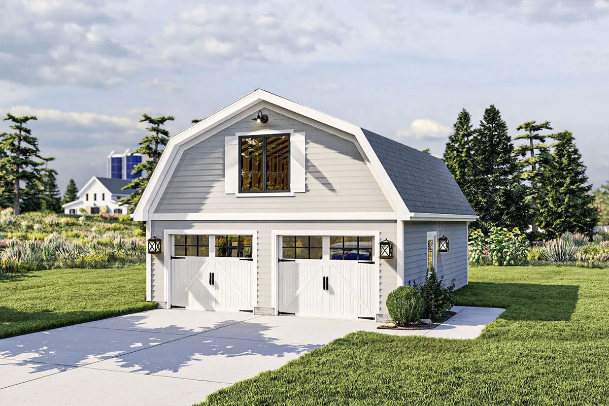 A 2-car garage door and light exterior paint color.