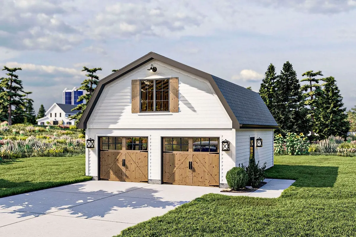 Barn-style garage door with wood accents.