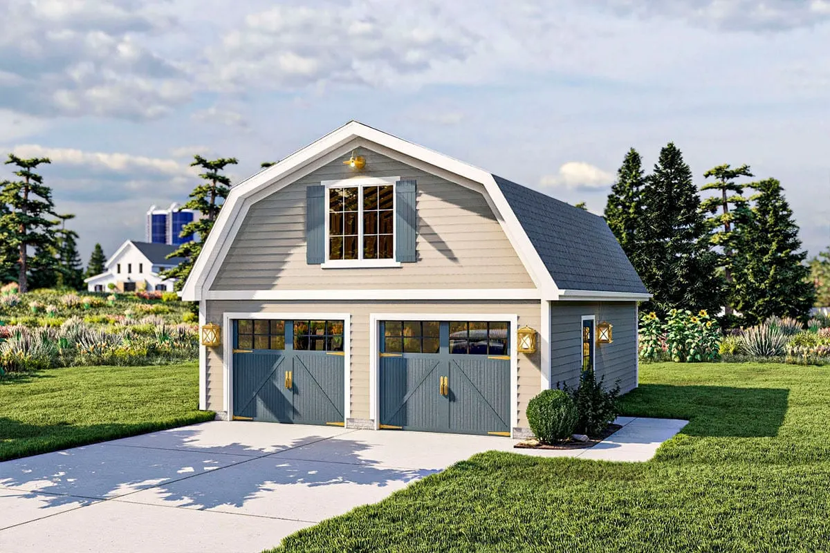 An exquisite blue and gold-toned garage exterior.