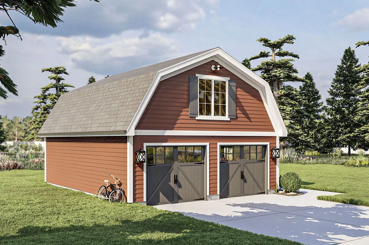 A garage with a striking roof design and a barn-style exterior.