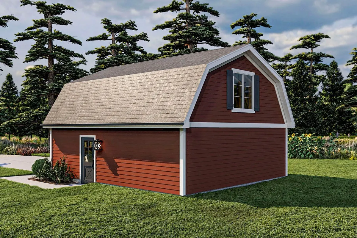 The entrance access is on the garage's right side.