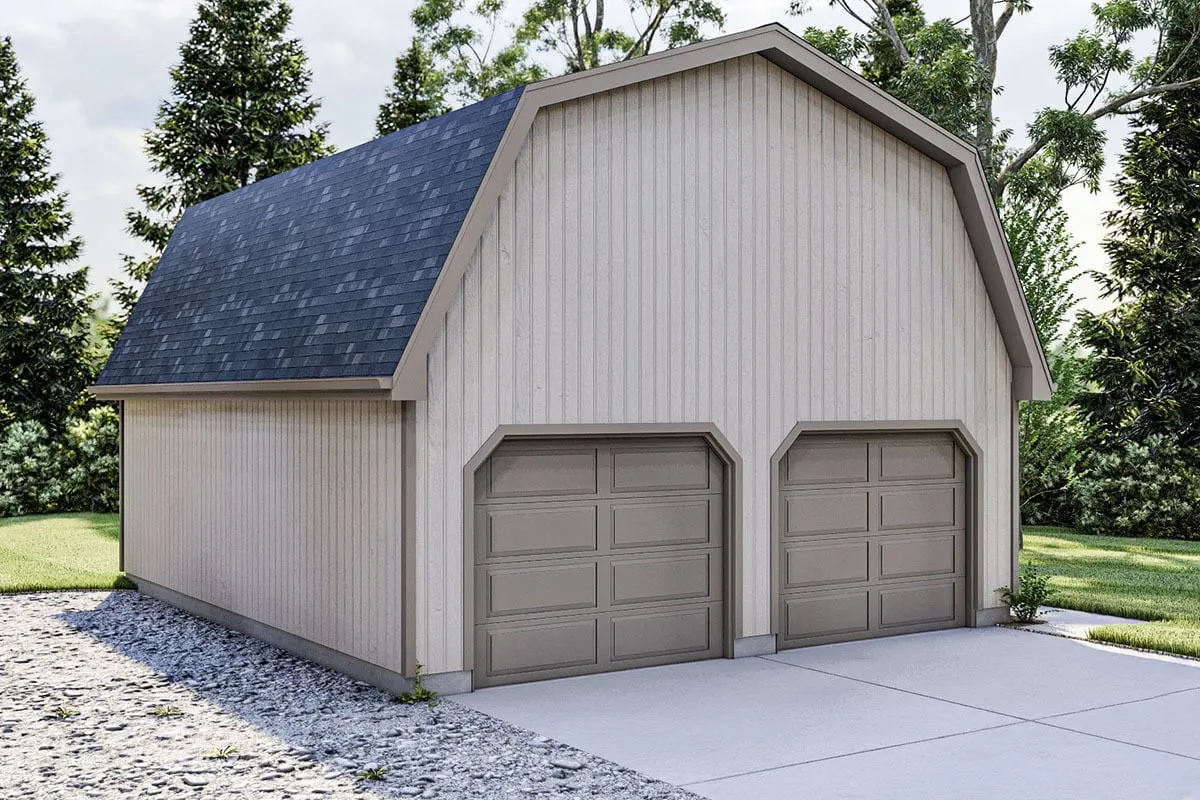 Two-car garage in neutral color walls and door with a dark blue roof.