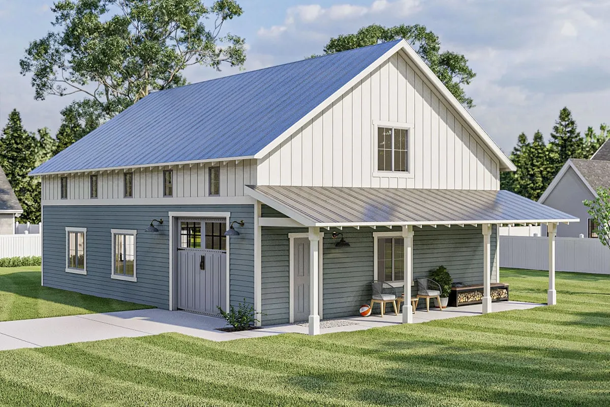 Lovely front view of the garage with an inviting porch area.