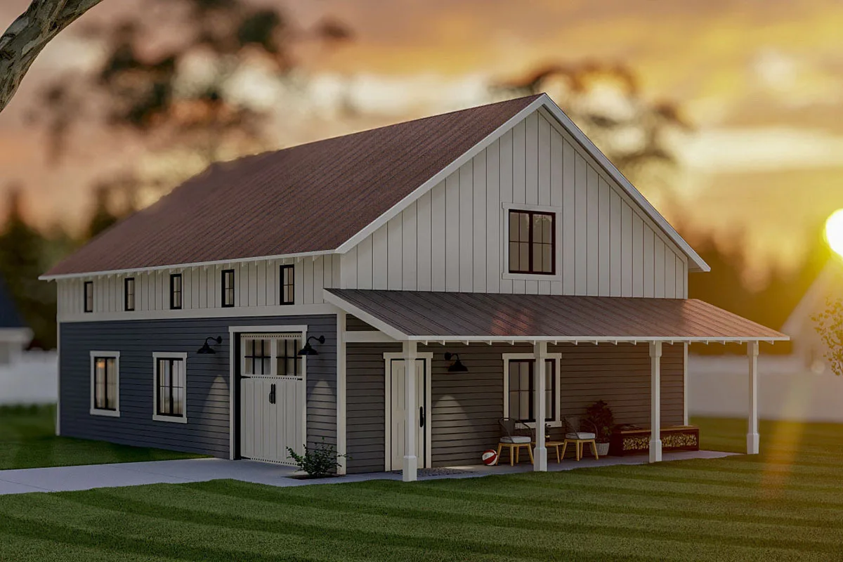 Amazing sunset view of the porch-equipped barn-like garage.