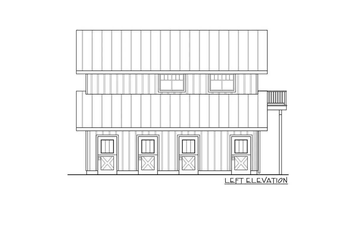 The sketch shows the two-story, two-bedroom carriage barn-style garage apartment from the left elevation.