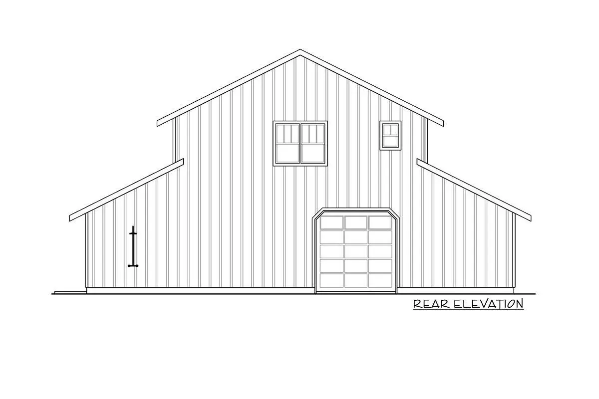 The sketch shows the two-story, two-bedroom carriage barn-style garage apartment from the rear elevation.