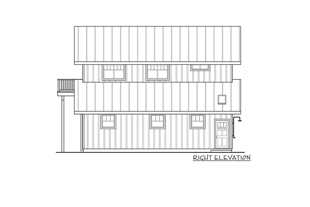 The sketch shows the two-story, two-bedroom carriage barn-style garage apartment from the right elevation.