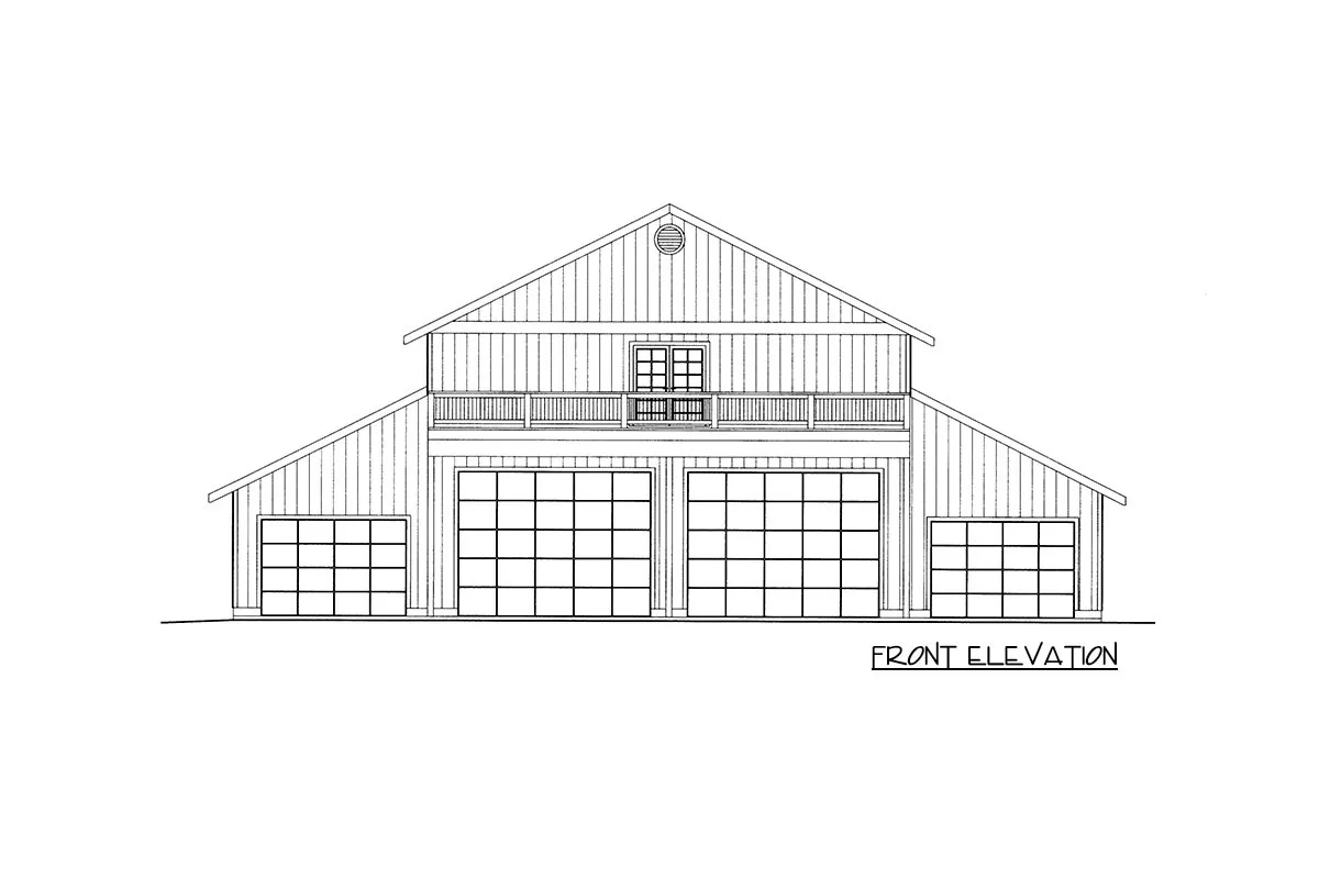 The front elevation of the single-story rustic barndo-style RV garage is sketched.