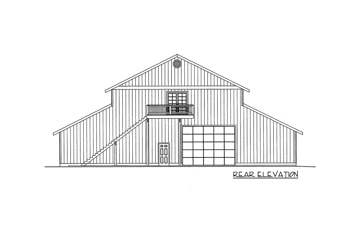 The rear elevation of the single-story rustic barndo-style RV garage is sketched.
