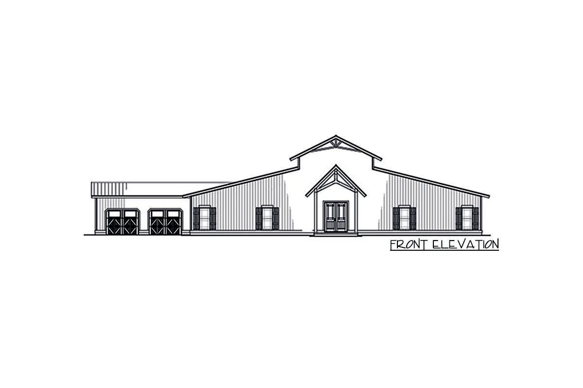 The single-story, five-bedroom barndominium home is featured on the front elevation.