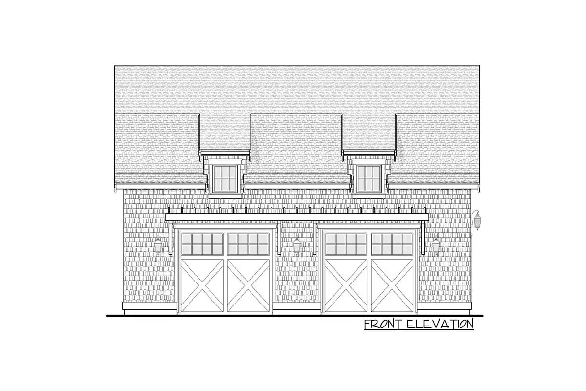 Drawing shows the single-story, two-car barndominium below the garage's front elevation.