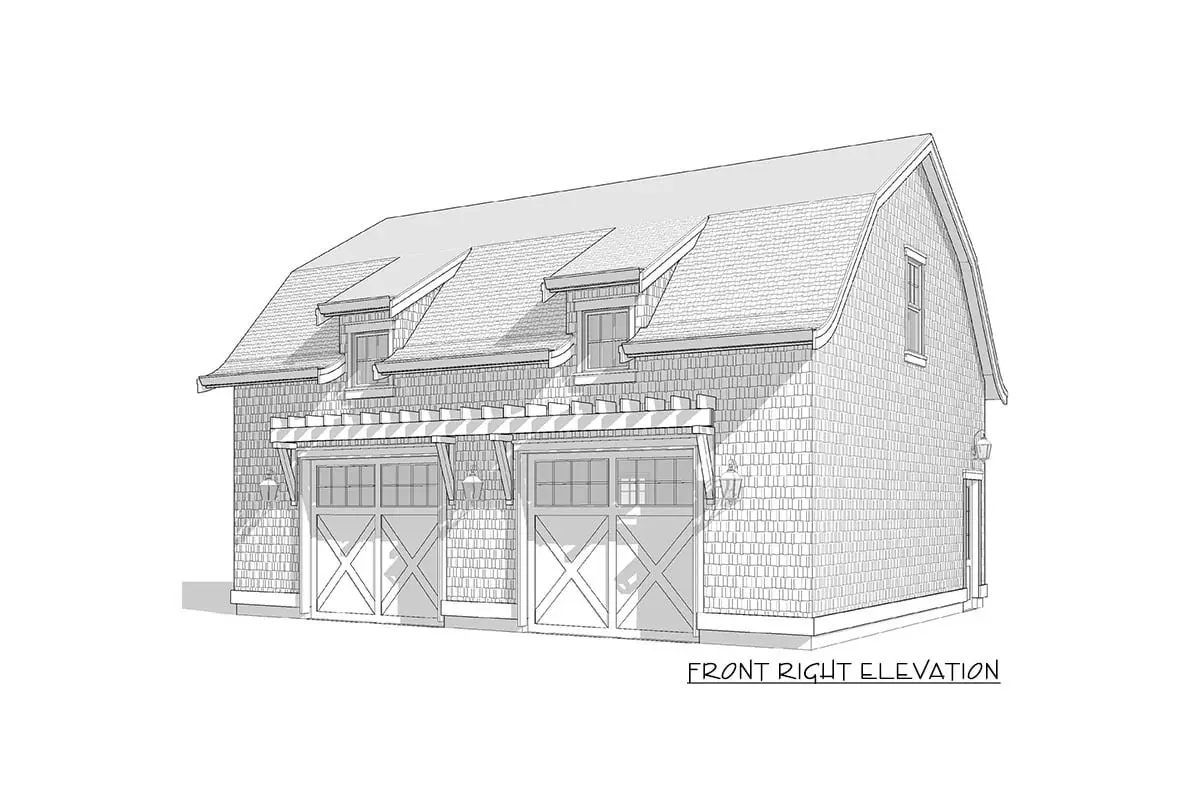 Drawing shows the single-story, two-car barndominium below the garage's front-right elevation.