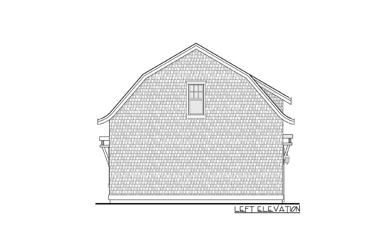 Drawing shows the single-story, two-car barndominium below the garage's left elevation.