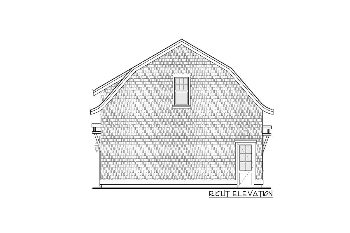 Drawing shows the single-story, two-car barndominium below the garage's right elevation.