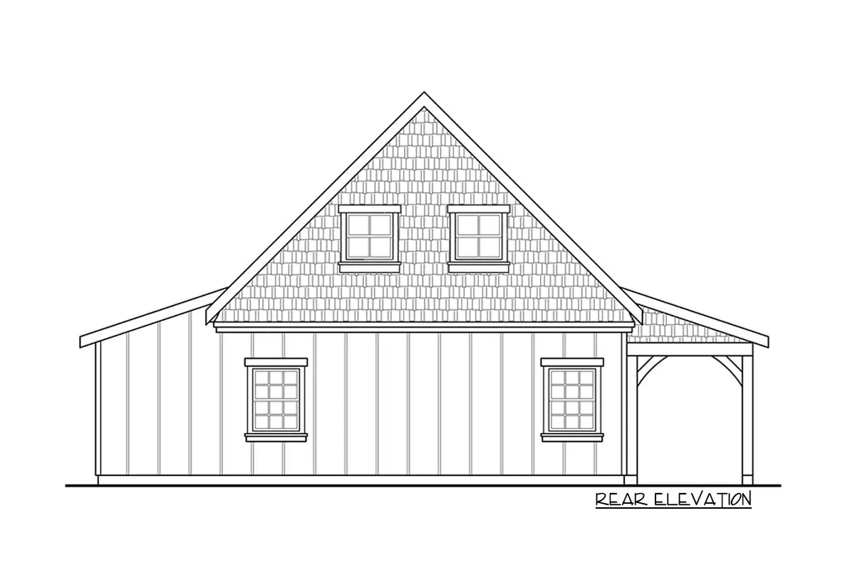 Sketch of the two-story barnodiminium-style garage's rear elevation.