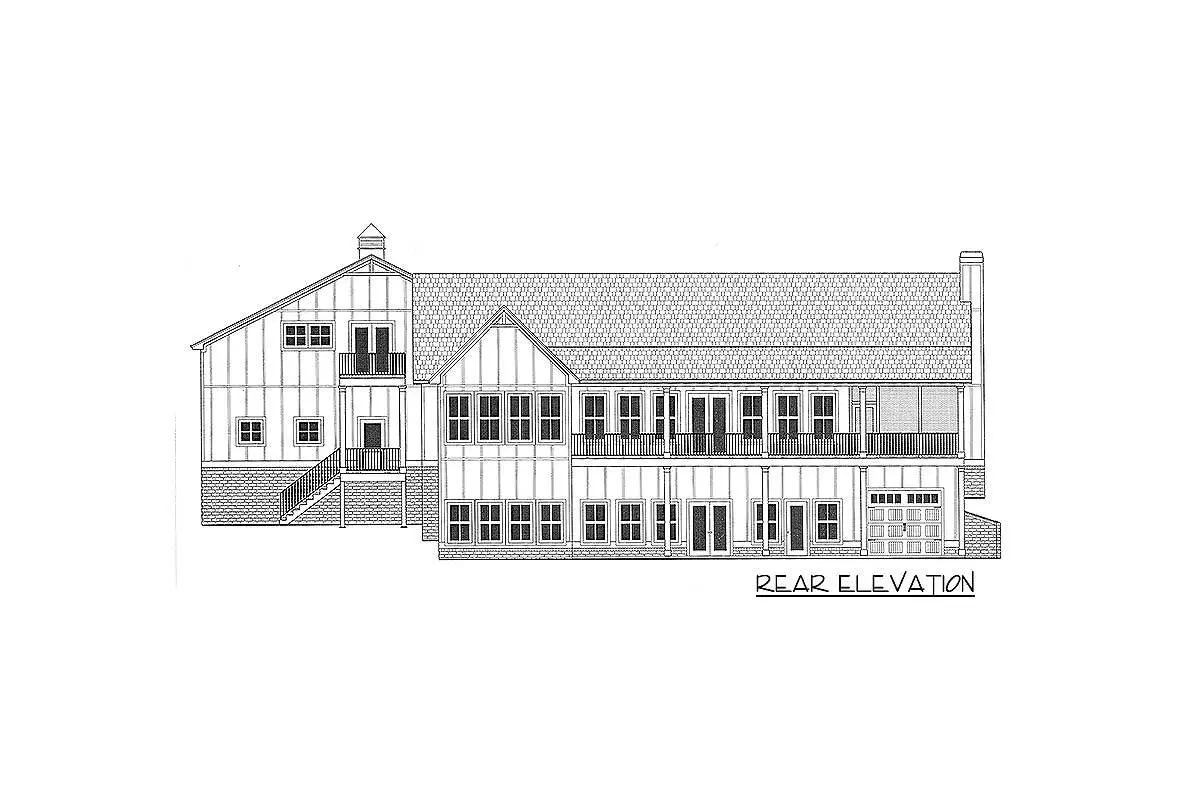 Sketch of the single-story, three-bedroom, luxury craftsman ranch home's rear elevation.
